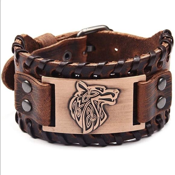 NEW Wolf Head Leather Buckle Bracelet - Picture 3 of 6